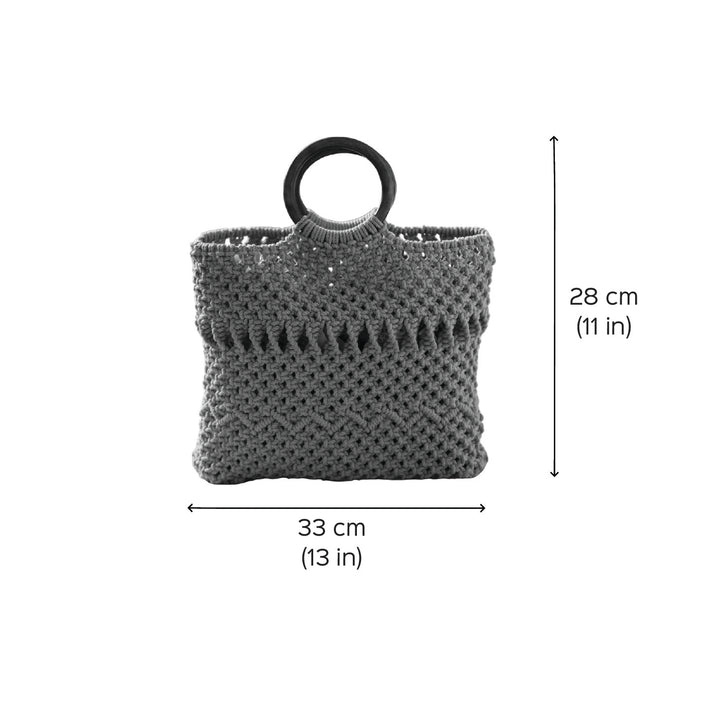 Handmade Macrame Tote Bag With Wooden Handle