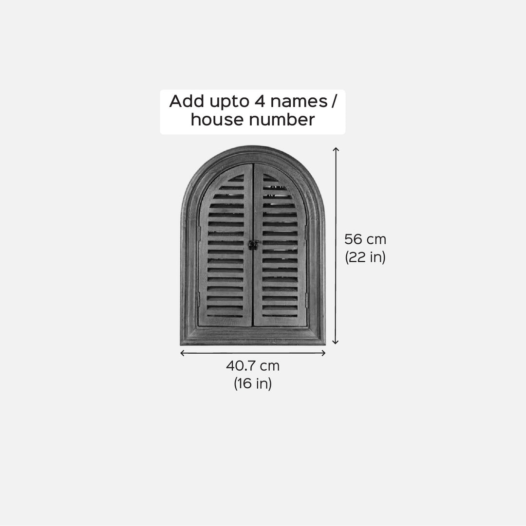 Large Arched Vintage Window Name Plate With Iron Planter Basket - Dimension Chart with Personalization Note