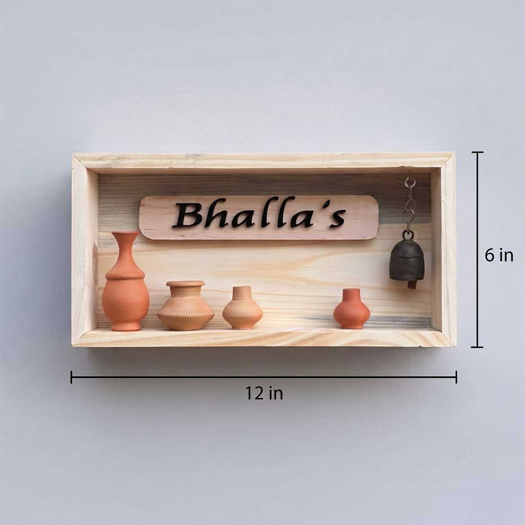Handcrafted Personalized Shadowbox Pinewood Name Plate With Brown Mini Pots & Copper Bell For Home