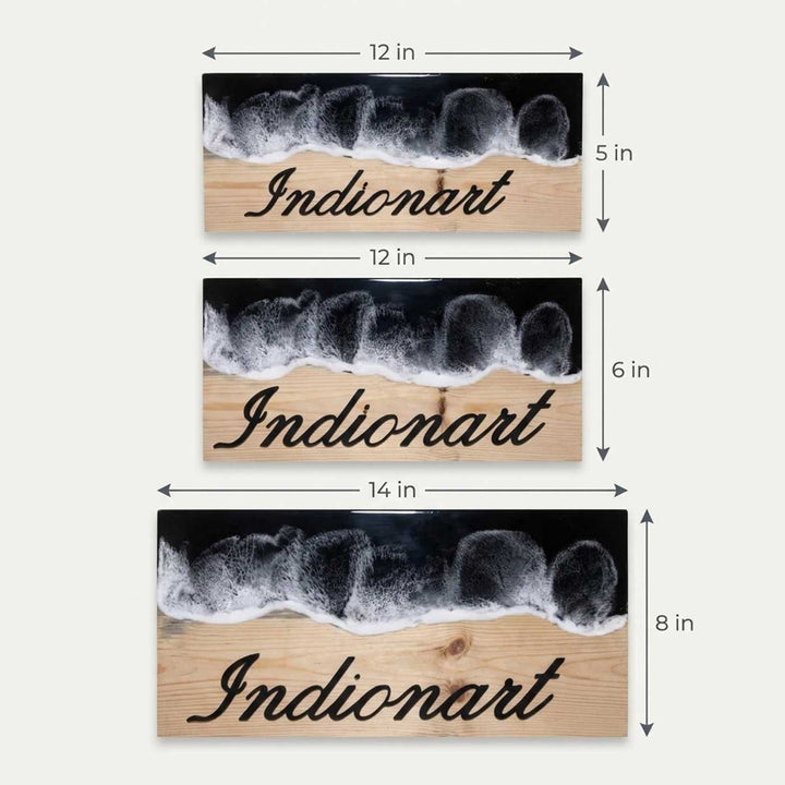 Black Ocean Wave High-Gloss Handcrafted Resin Pinewood Personalized Name Plate For Home