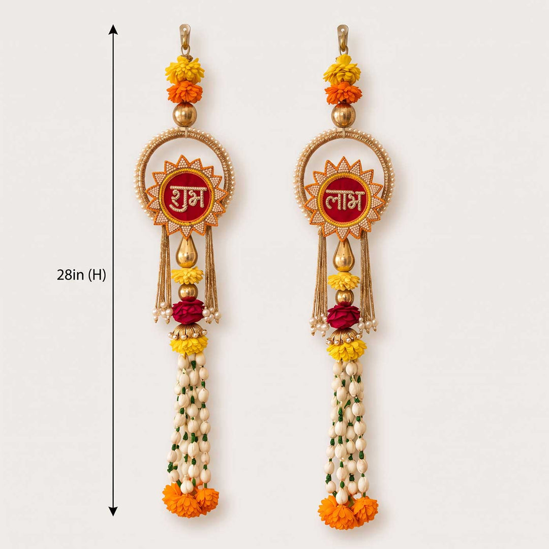 2 Pc | Handmade Shubh Labh Sola Wood Flower Wall Hangings With Pearl Ring & Jasmine Bud Strands