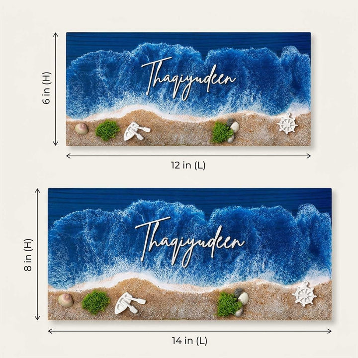 Coastal Beach Wave Laser-Cut Handcrafted Resin Pinewood Personalized Name Plate For Home