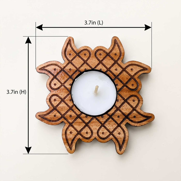 4 pc | Sunburst Hand-Painted Engraved Mahogany Wood Kolam Tealight Holders