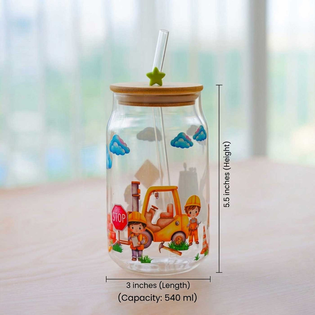 Cute Printed "Dad" Theme Glass Tumbler With Straw For Kids