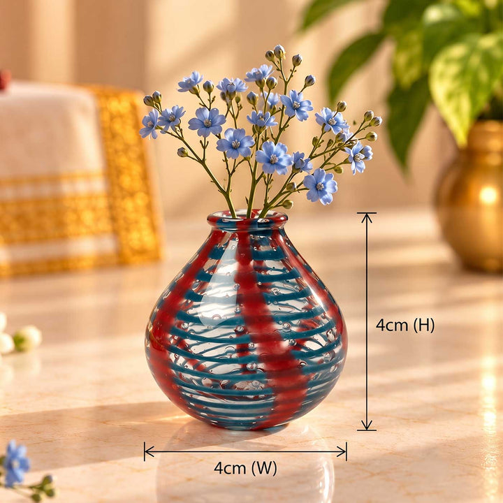 Handmade Red & Blue Stripe Small Glass Art Vase For Home Decor
