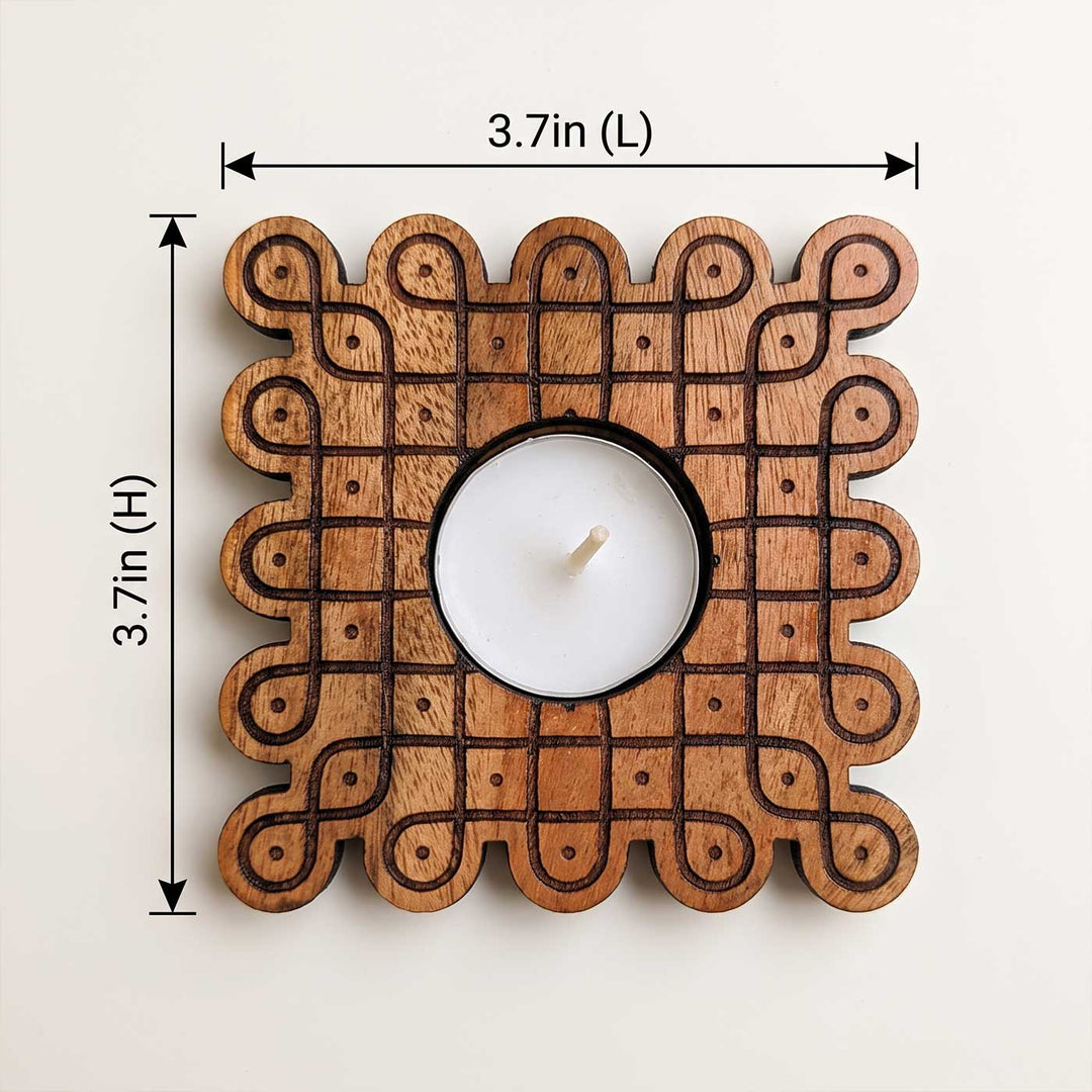 4 pc | Looped Square Hand-Painted Engraved Mahogany Wood Kolam Tealight Holders