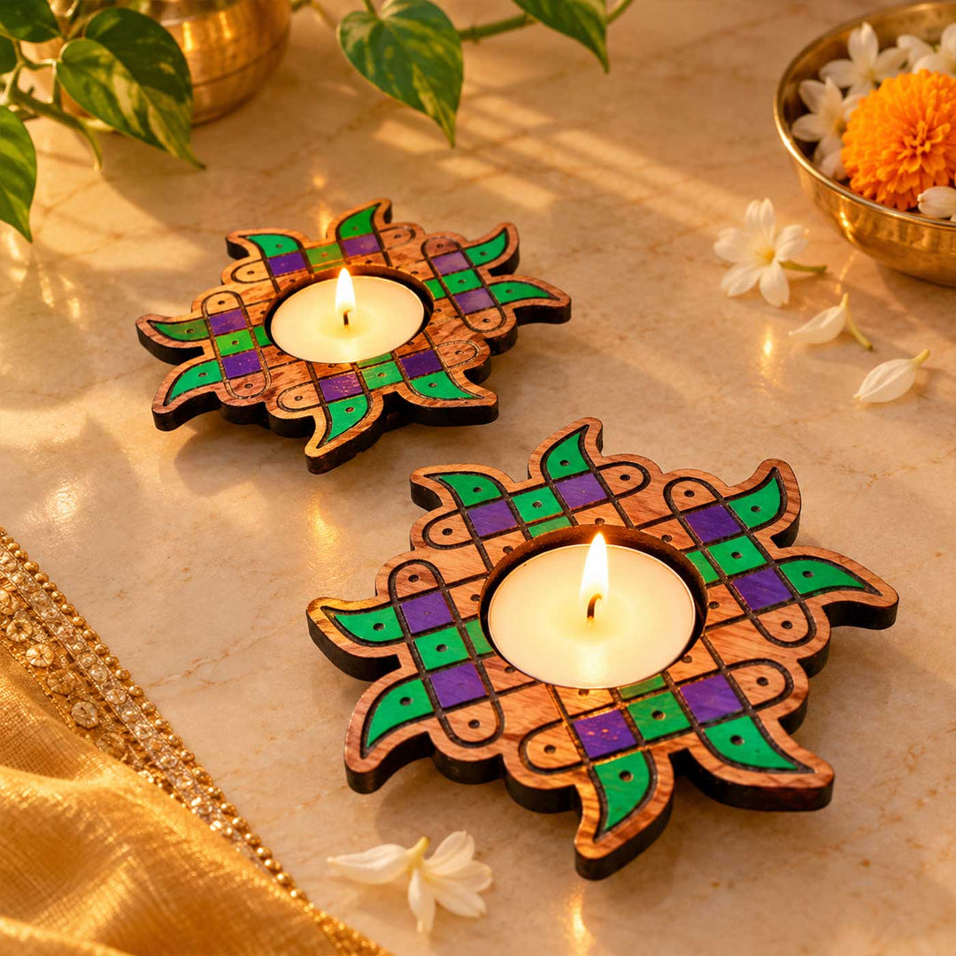 4 pc | Sunburst Hand-Painted Engraved Mahogany Wood Kolam Tealight Holders