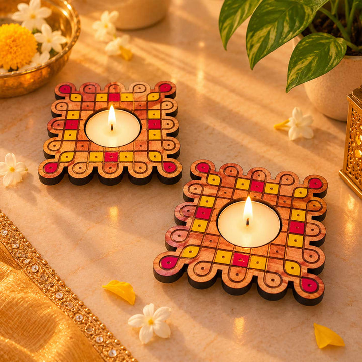 4 pc | Looped Square Hand-Painted Engraved Mahogany Wood Kolam Tealight Holders