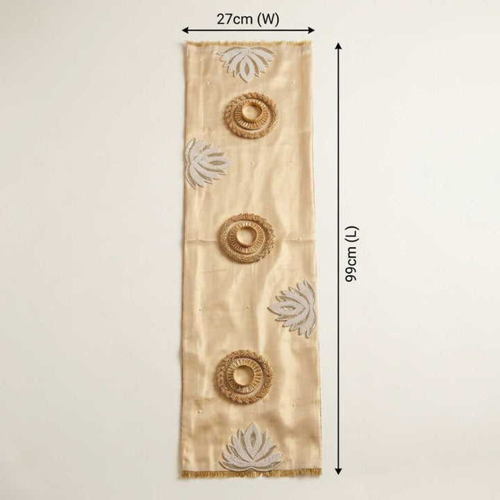 Handcrafted Reversible Gota Patti & Patchwork Thai Silk Gold Table Runner With Removable Tealight Holders