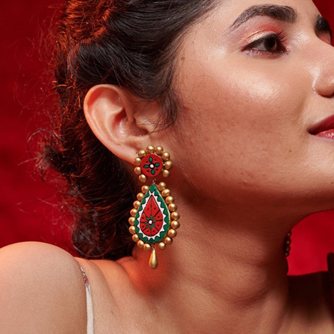 Handmade Red & Green Meenakari Terracotta Earrings