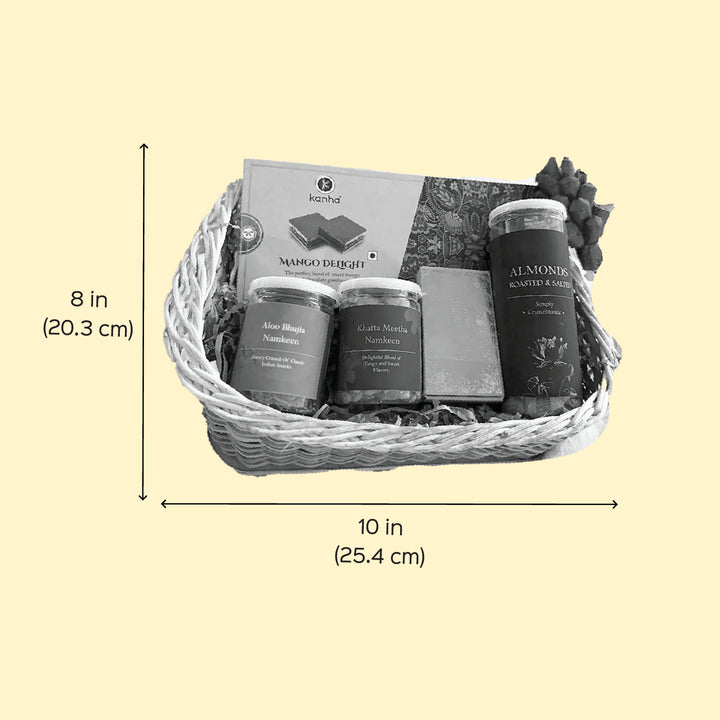 The Celebration Crate Diwali Gift Hamper | Includes 1 Mango Delight Box, 2 Namkeen Jars, 1 Almonds Jar, 1 Tilak Set, 1 Basket