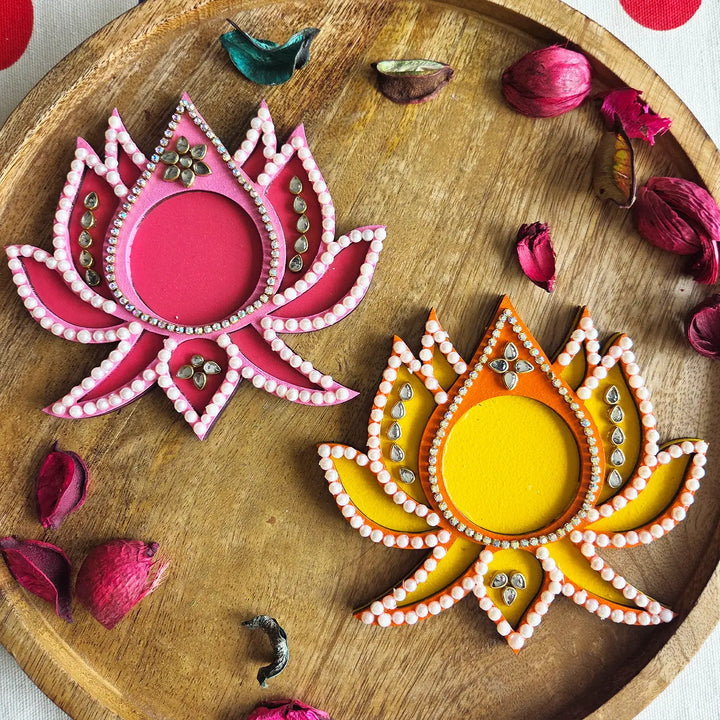 Hand-Painted Beaded Lotus MDF Wood Tealight Holder