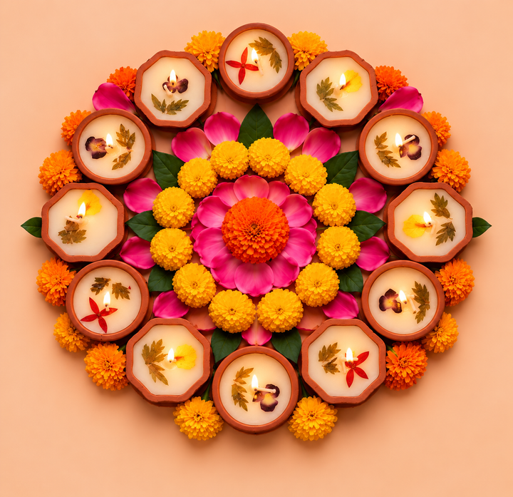 24 Pc | Handmade Wax Aroma Scented Soy Wax Terracotta Diya Candle With Flower Petals