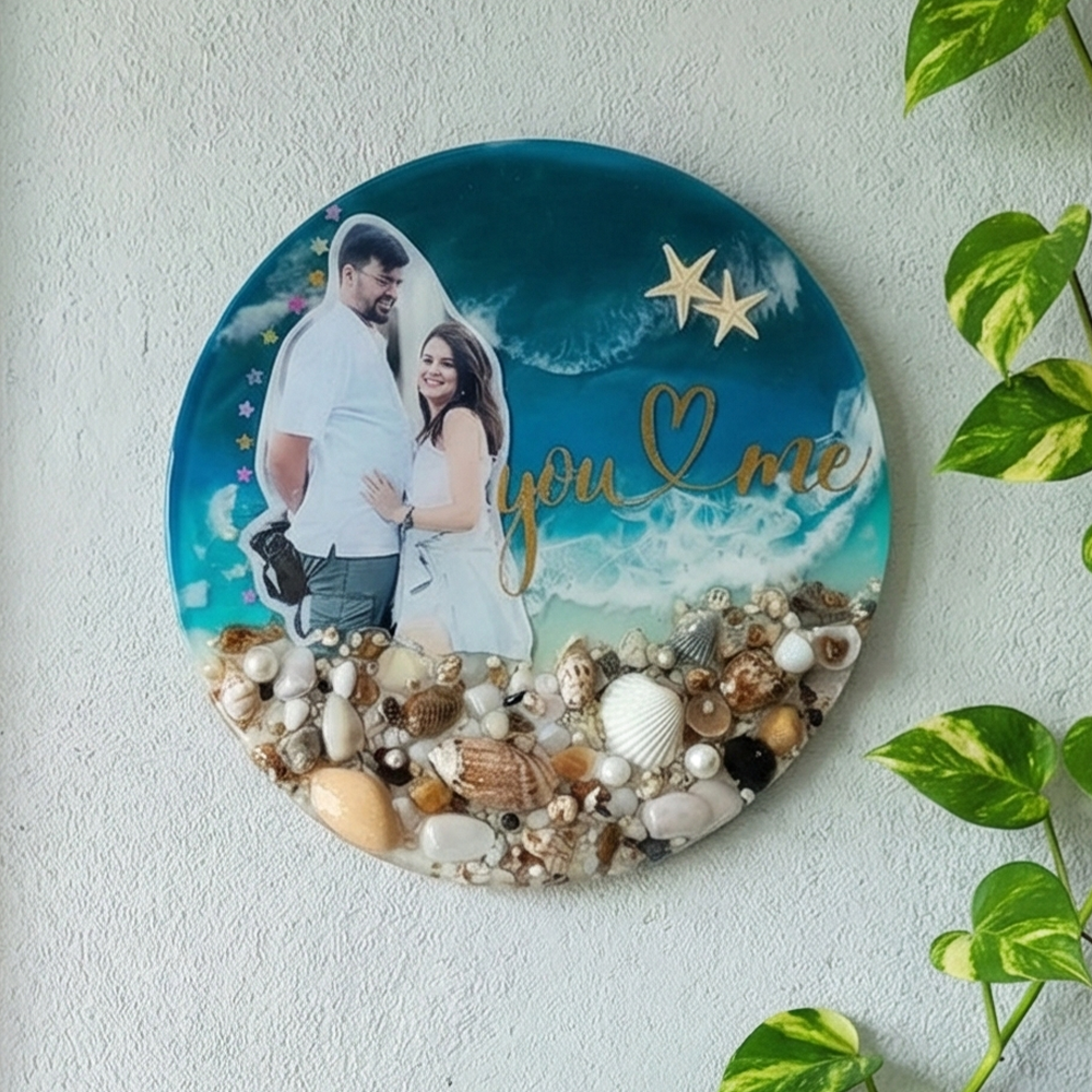 Beach Theme Resin Photo Personalized Frame | With Real Sand Shells And Wave Design