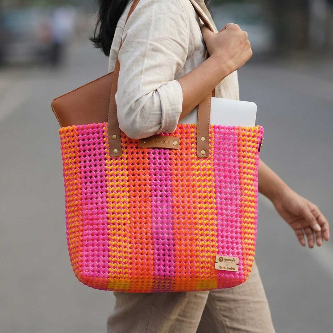 Pink And Orange Stripes Handmade Wire Koodai Tote Bag