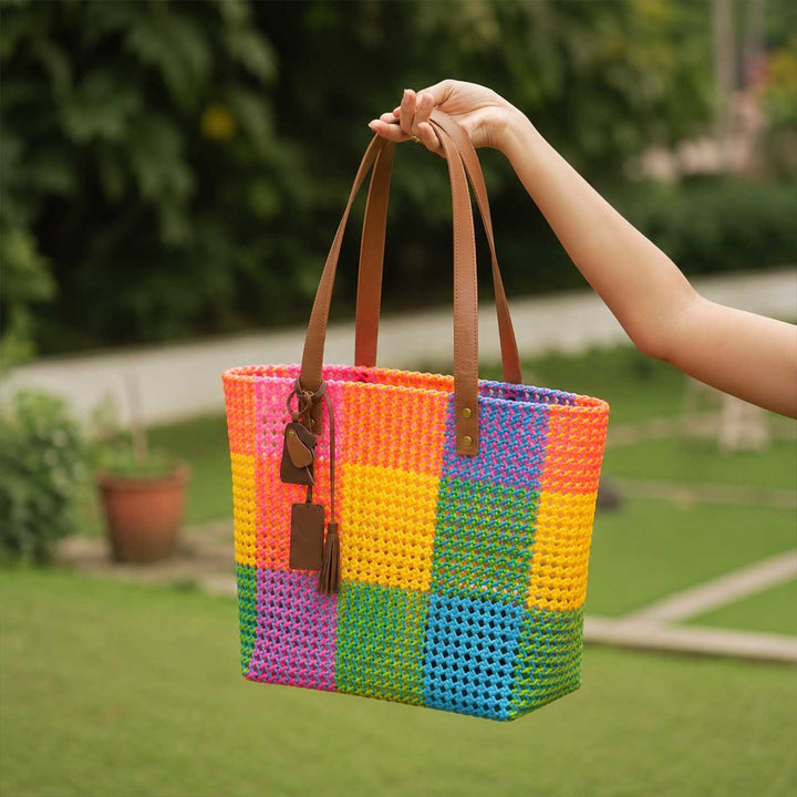 Handmade Vibrant Multicolor Checkered Wire Koodai Tote Bag
