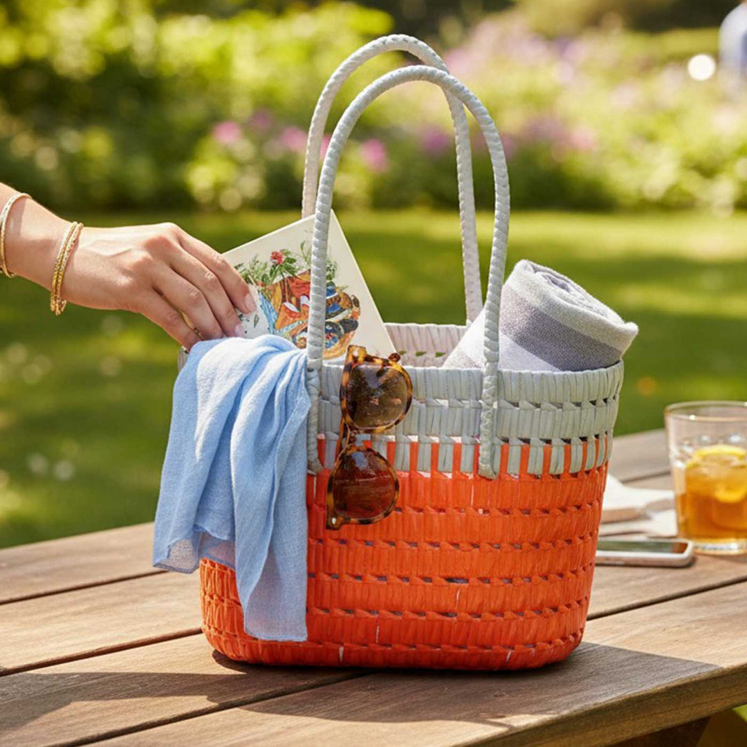 Handmade Traditional Plastic Tape Wire Grey And Red Koodai Lunch Bag
