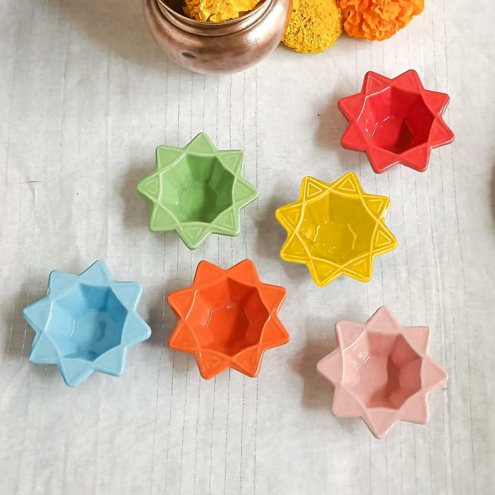 Set of 4 | Handmade Nakshatra Design Ceramic Oil Lamp / Diya
