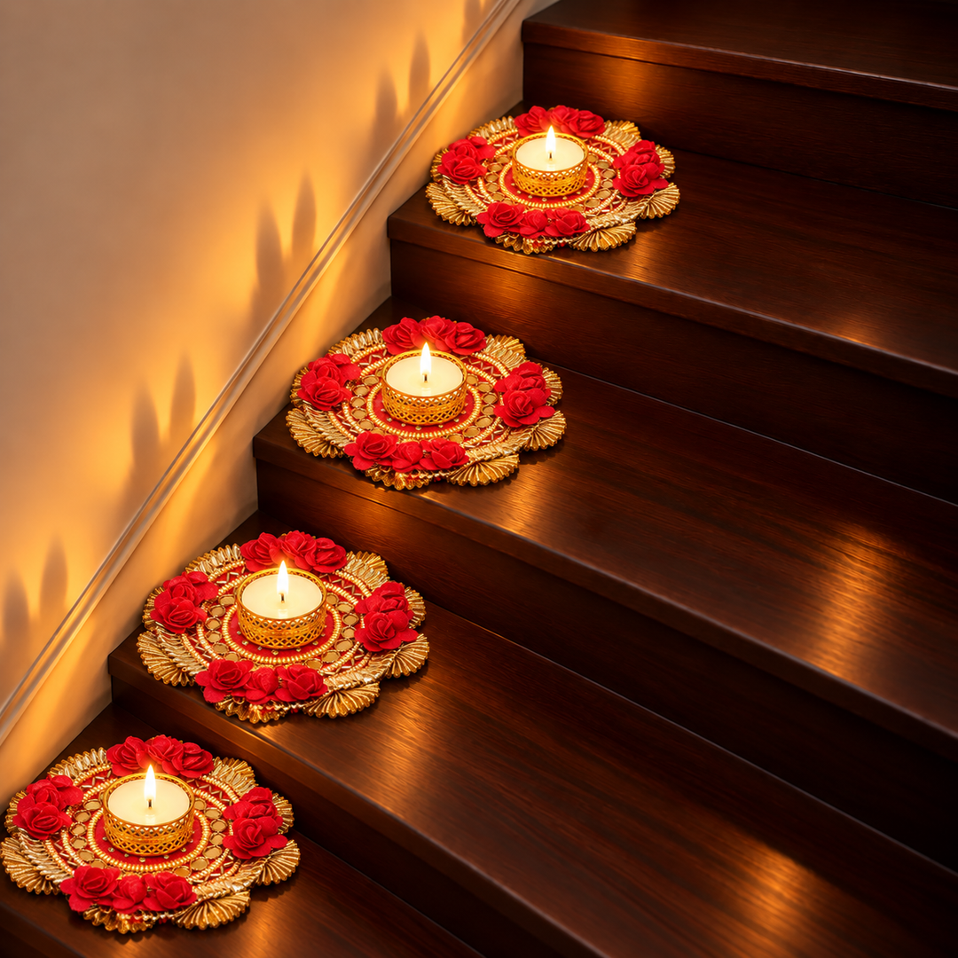 4 Pc | Red Flower Handmade Fabric-Wrapped MDF Tealight Candle Holder For Festive Decor