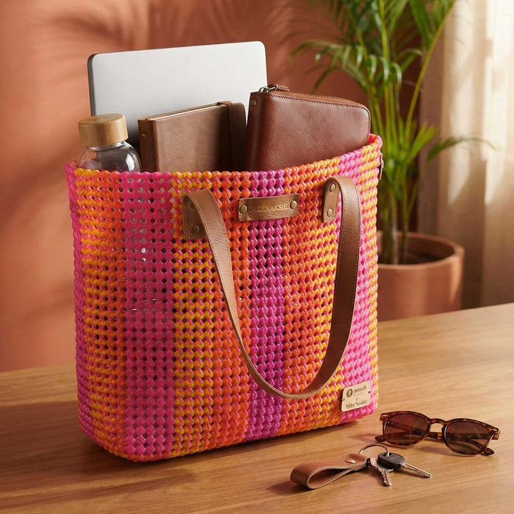 Pink And Orange Stripes Handmade Wire Koodai Tote Bag