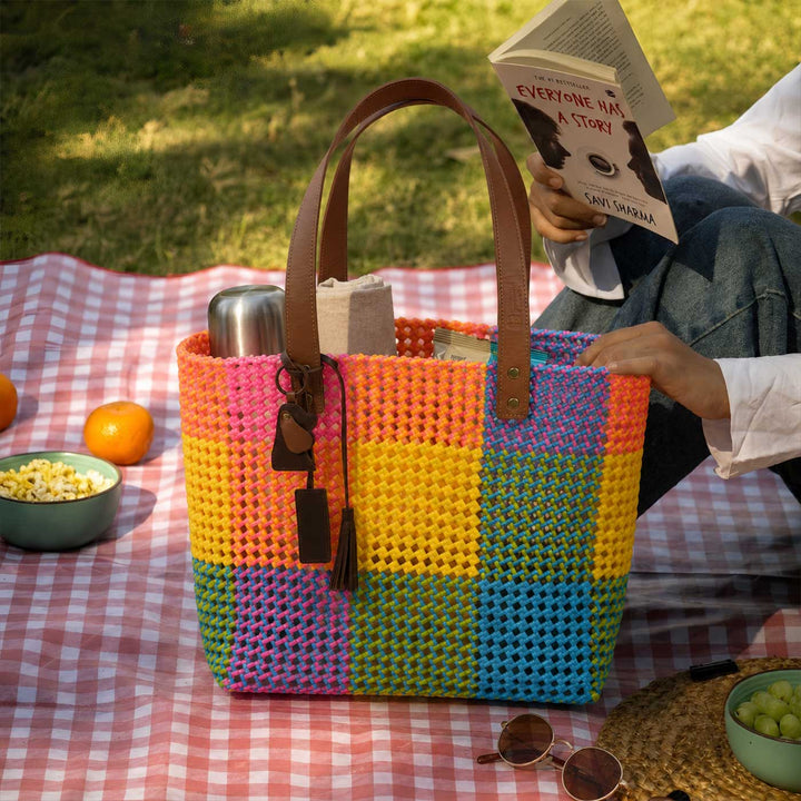 Handmade Vibrant Multicolor Checkered Wire Koodai Tote Bag