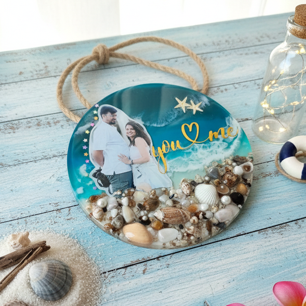 Beach Theme Resin Photo Personalized Frame | With Real Sand Shells And Wave Design