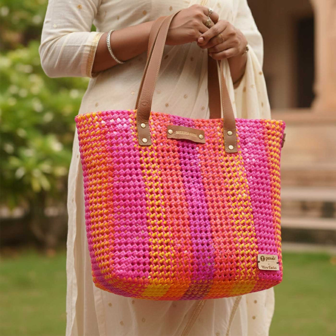 Pink And Orange Stripes Handmade Wire Koodai Tote Bag