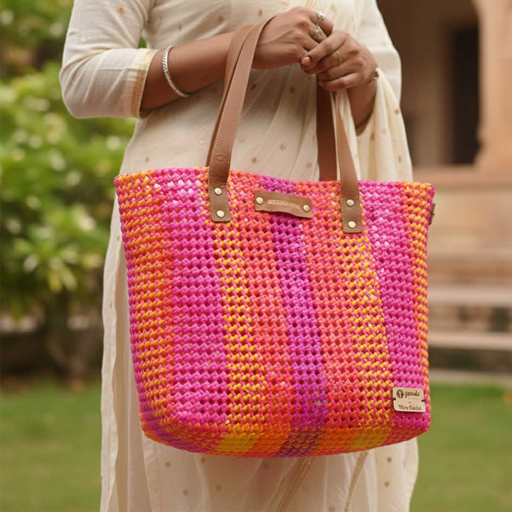 Pink And Orange Stripes Handmade Wire Koodai Tote Bag