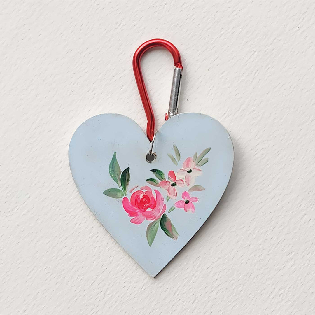Personalized Hand-Painted Blue Heart Wooden Key Chain/Bag Charm