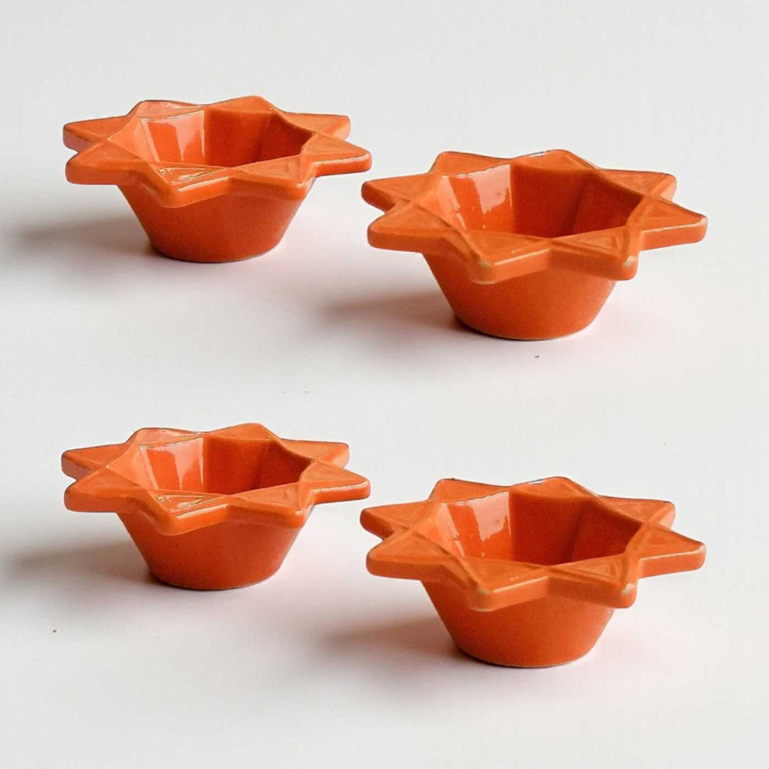 Set of 4 | Handmade Nakshatra Design Ceramic Oil Lamp / Diya