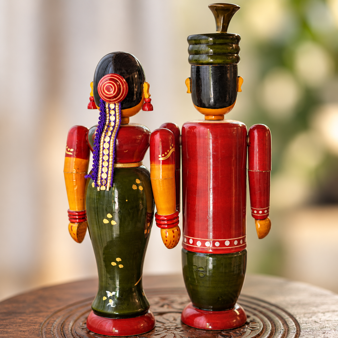 Set of 2 | Handmade Bride & Groom Wooden Golu Doll Toys For Festive Decor