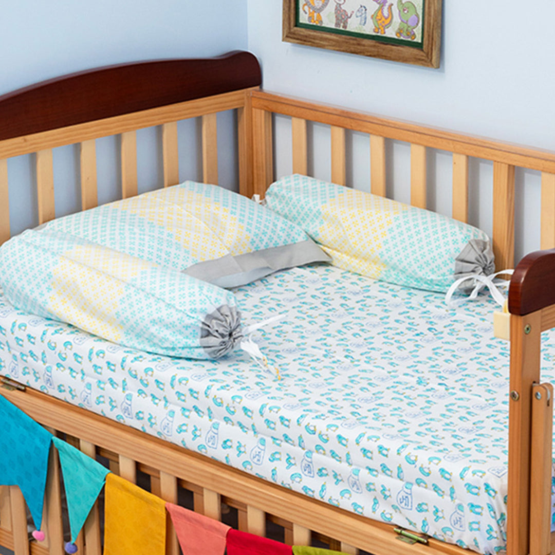 Blue Penguin Hand Block Printed Baby Bedding Cot Set