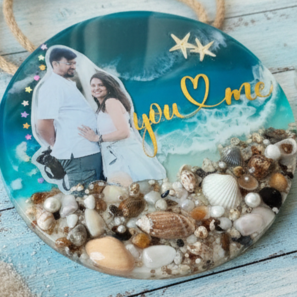 Beach Theme Resin Photo Personalized Frame | With Real Sand Shells And Wave Design