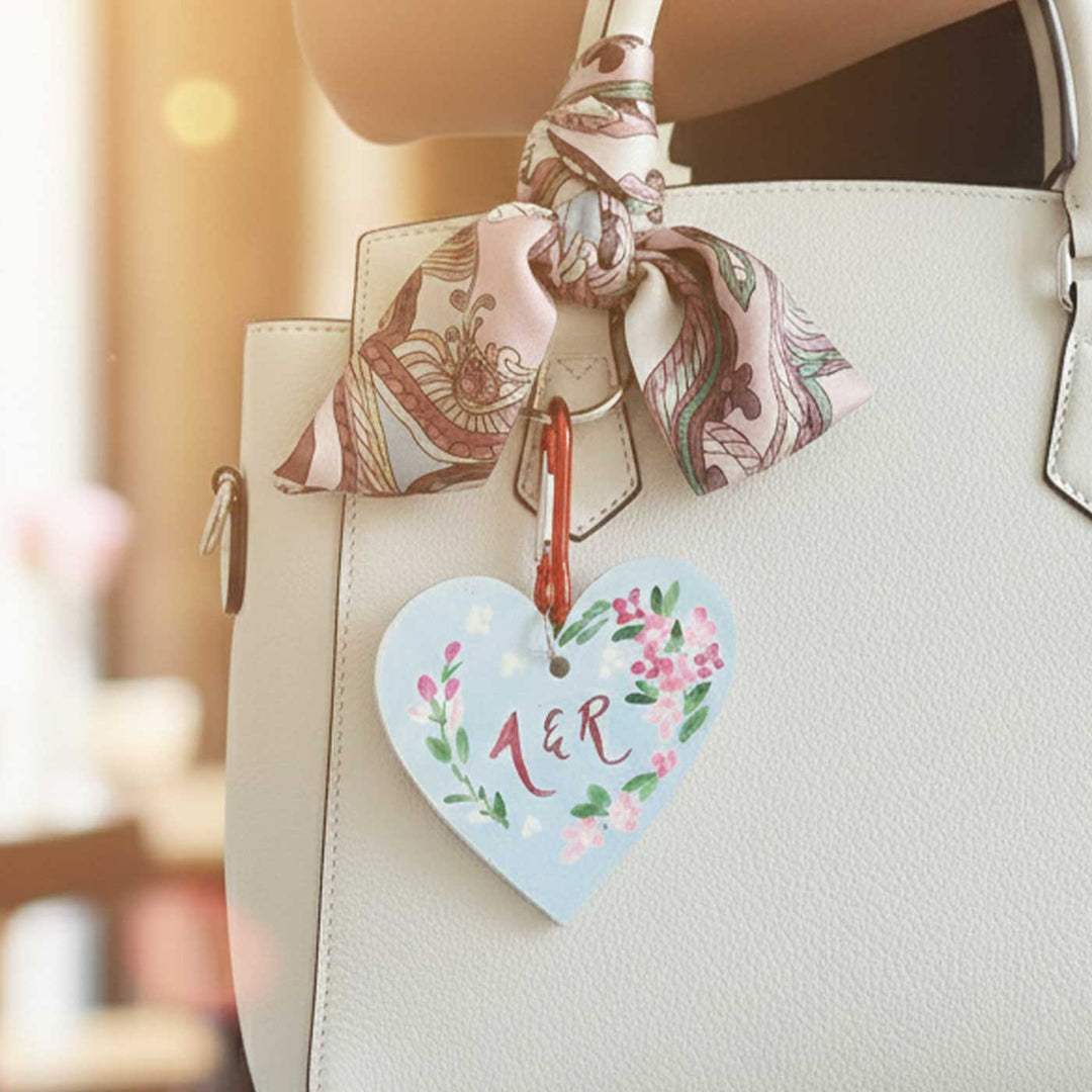 Personalized Hand-Painted Blue Heart Wooden Key Chain/Bag Charm