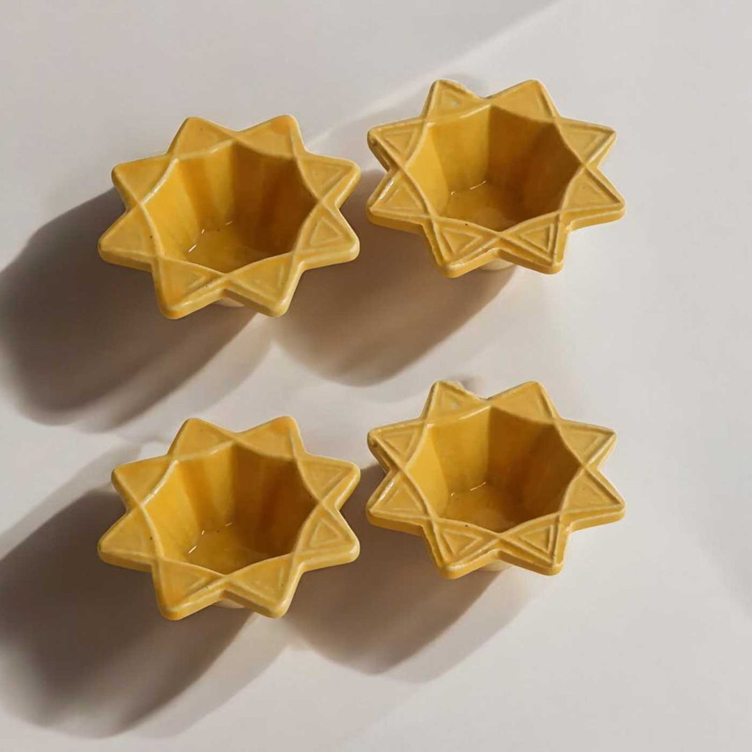Set of 4 | Handmade Nakshatra Design Ceramic Oil Lamp / Diya