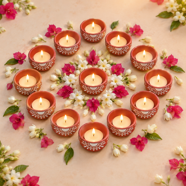 16 Pc | Hand-Painted Sun Terracotta Diya & Tealight Holders For Festive Decor