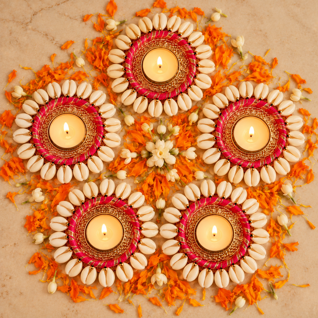 5 Pc | Handmade Decorative Shells & Gotta Patti Tealight Holder