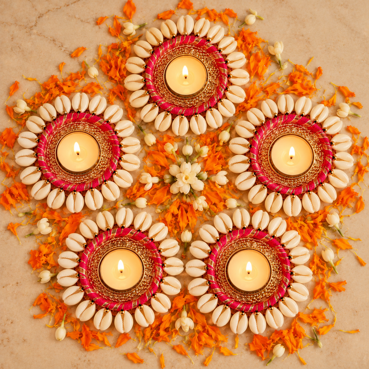 5 Pc | Handmade Decorative Shells & Gotta Patti Tealight Holder