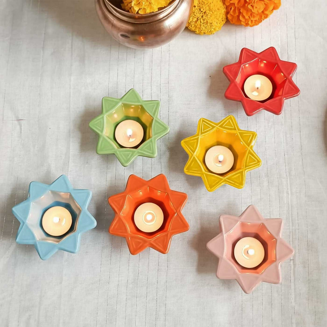 Set of 4 | Handmade Nakshatra Design Ceramic Oil Lamp / Diya