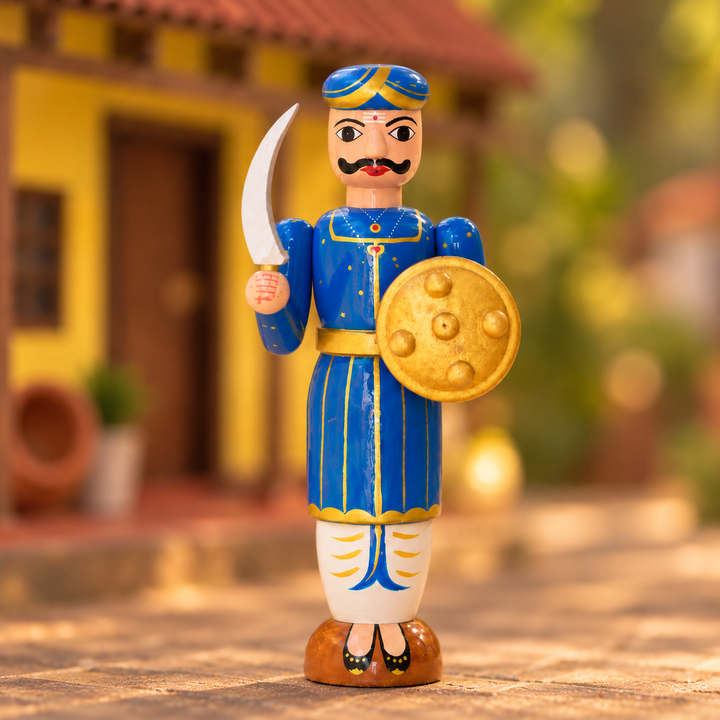 Handmade Man With Sword Wooden Golu Doll Toy For Festive Decor