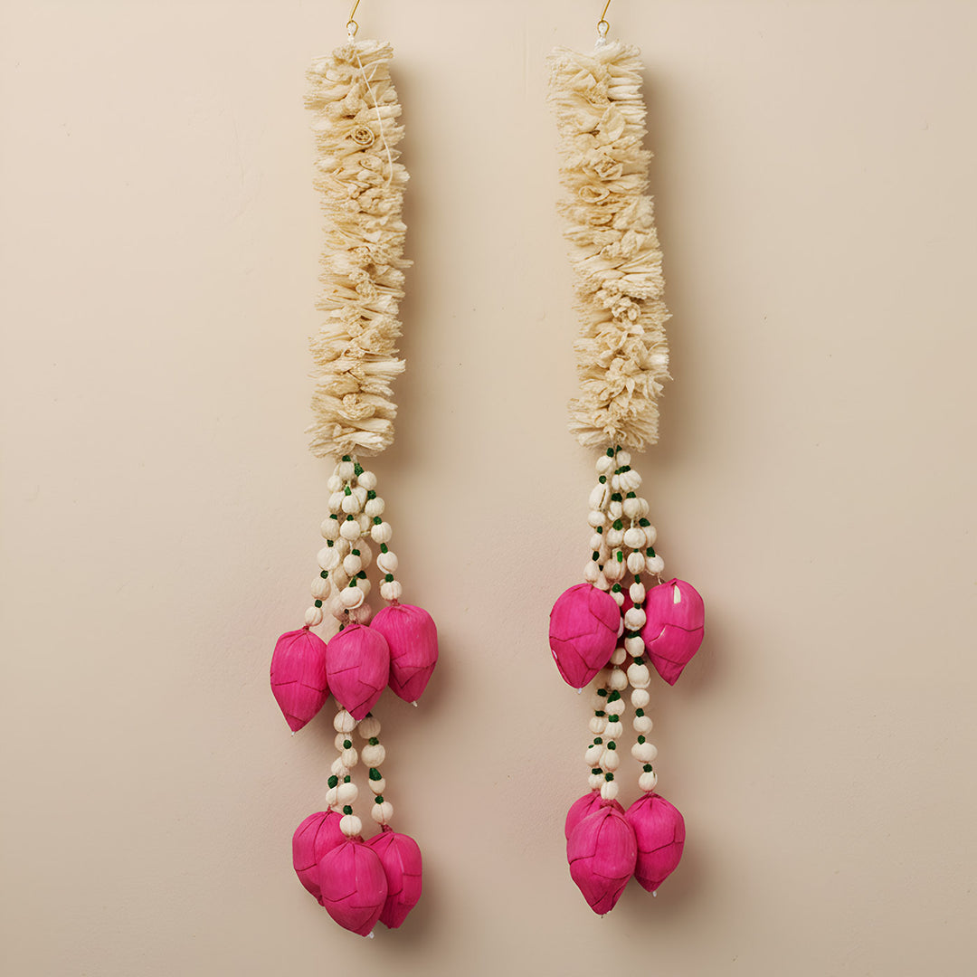Handmade Petal Charm White & Pink Shola Flower Hanging | Set Of 2