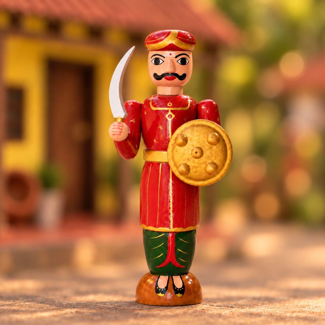 Handmade Man With Sword Wooden Golu Doll Toy For Festive Decor