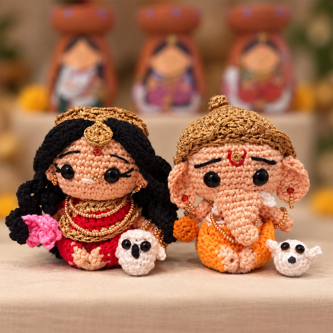 Set of 2 | Handmade Crochet "Divine Duo" Lakshmi & Ganesh Idol Cotton Golu Dolls For Festive Decor