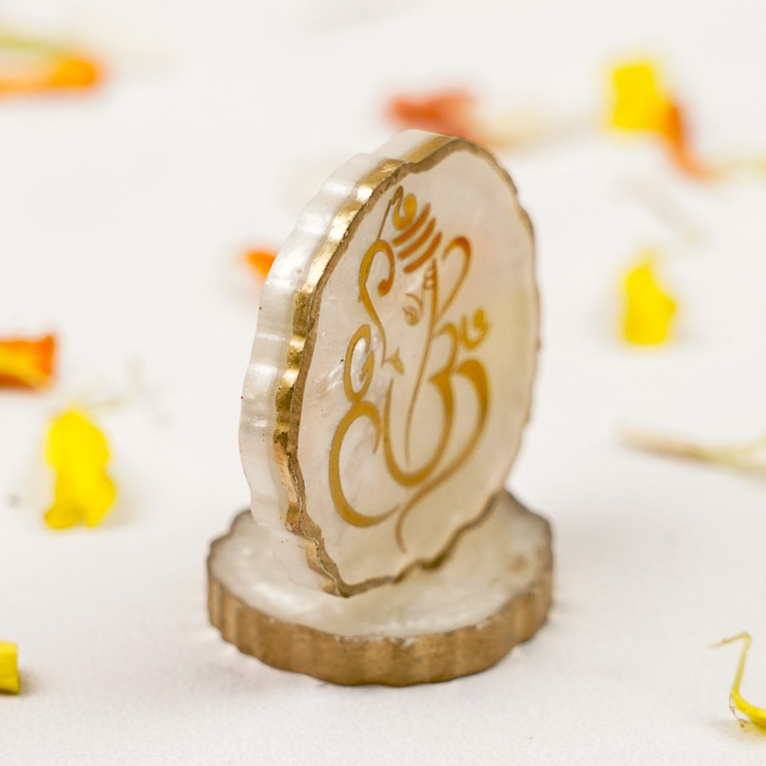Set of 5 | Handmade Irregular Round Ganesha Resin Art Idol Showpieces With Stand For Festive Gifting