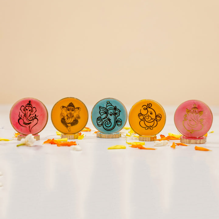 Set of 5 | Handmade Round Ganesha Resin Art Idol Showpieces With Stand For Festive Gifting
