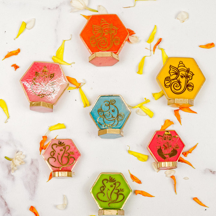 Set of 5 | Handmade Hexagon Ganesha Resin Art Idol Showpieces With Stand For Festive Gifting
