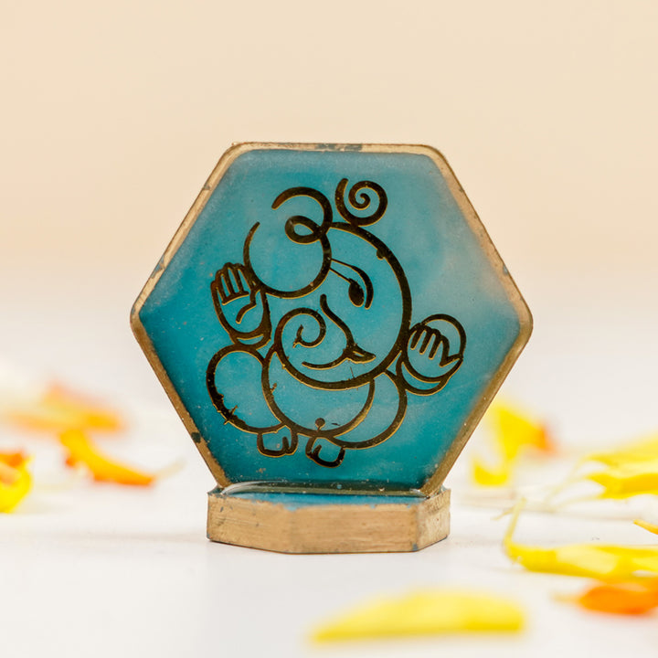 Set of 3 | Handmade Hexagon Ganesha Resin Art Idol Showpieces With Stand For Festive Gifting