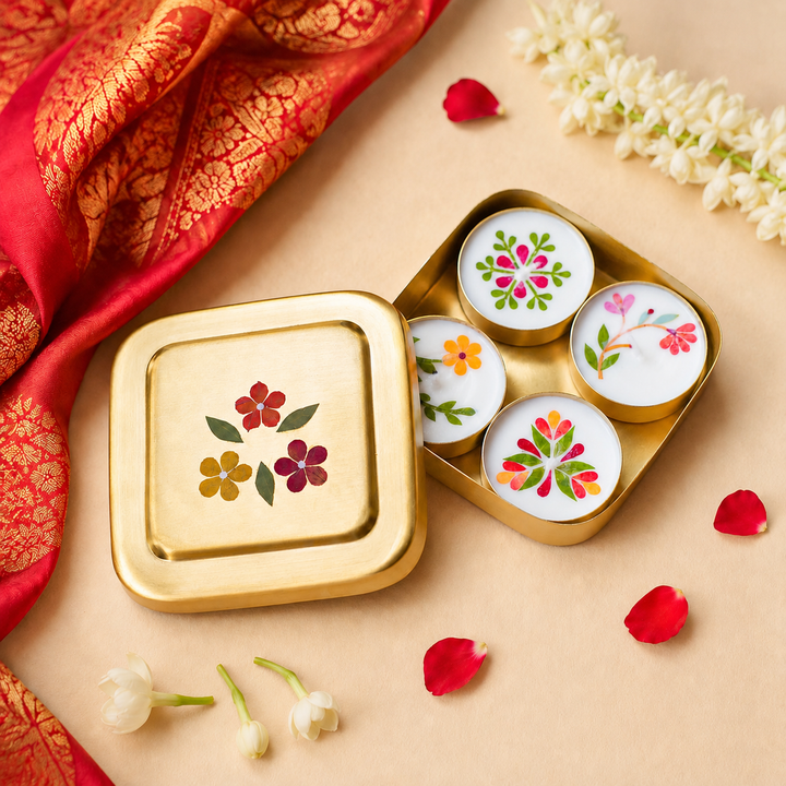 Set of 4 | Handmade Soy Wax & Pressed Flower Diyas/Candles With Elegant Brass Box For Festive Celebrations