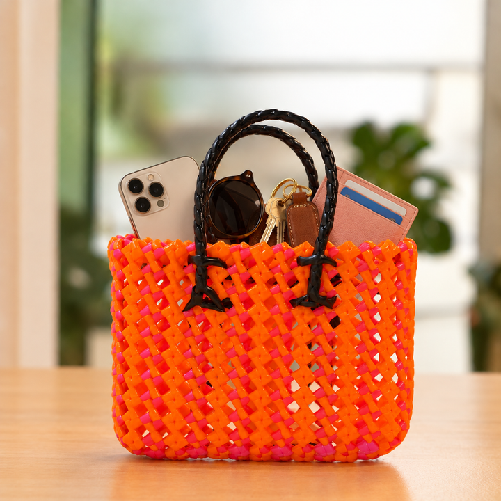 Mini Handwoven Orange & Pink Plastic Wire Koodai Bag