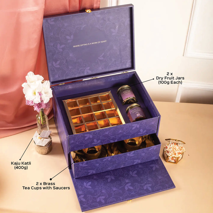 Premium Royal Revelrie Diwali Gift Hamper | Includes 2 Dry Fruit Jars, 1 Kaju Katli, 2 Brass Tea Sets, 1 Gift Box